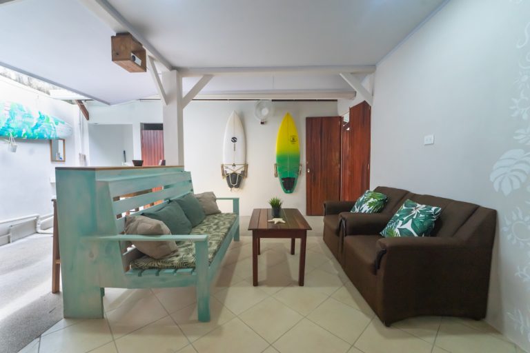 common space at the cafecito surf mini-hostel and guesthouse. projector for movie nights and good vibes