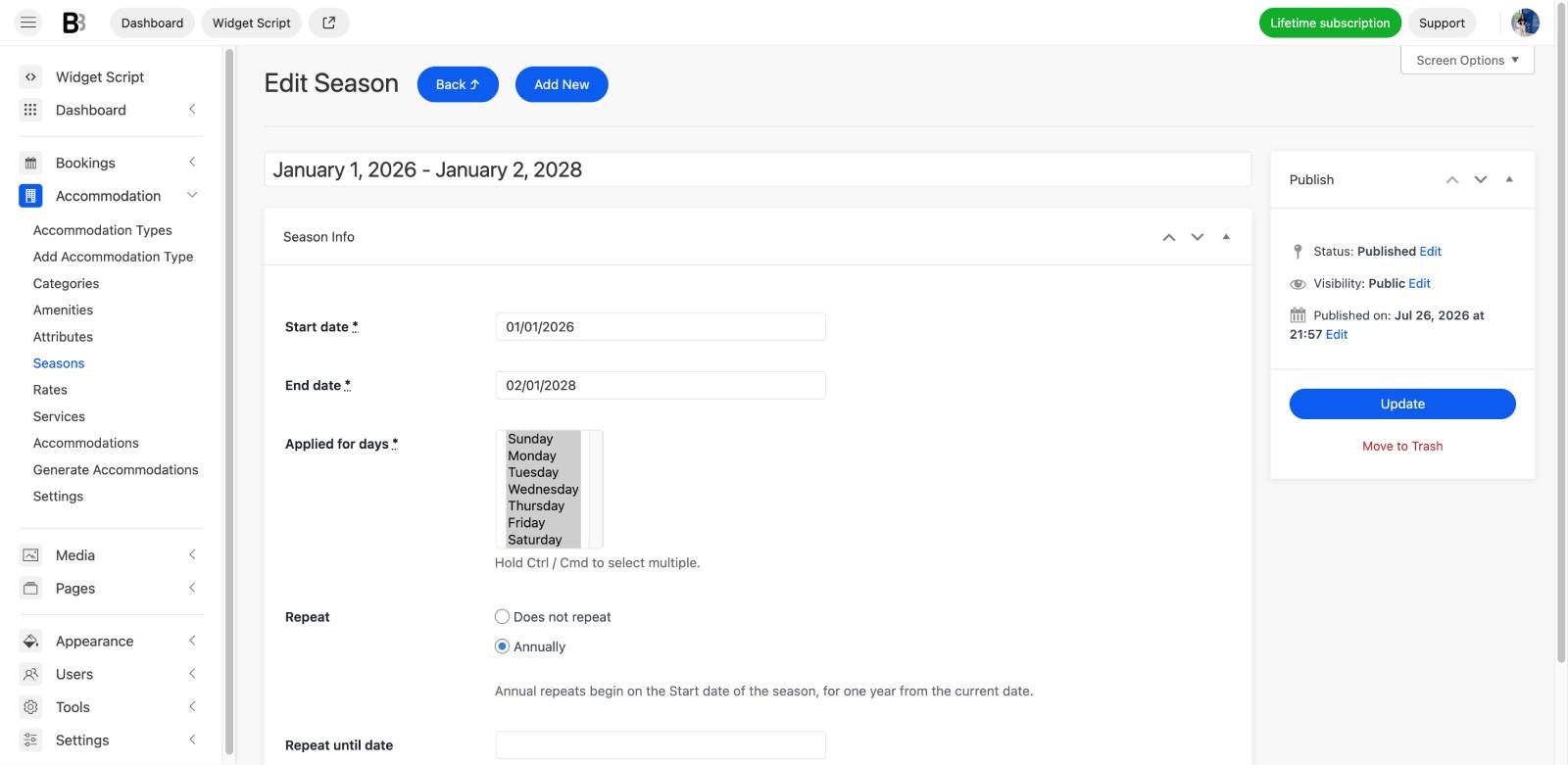 Admin menu where seasonal pricing in BNBForms is added.