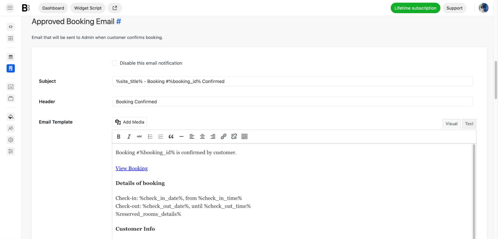 Approved booking email in bnbforms.
