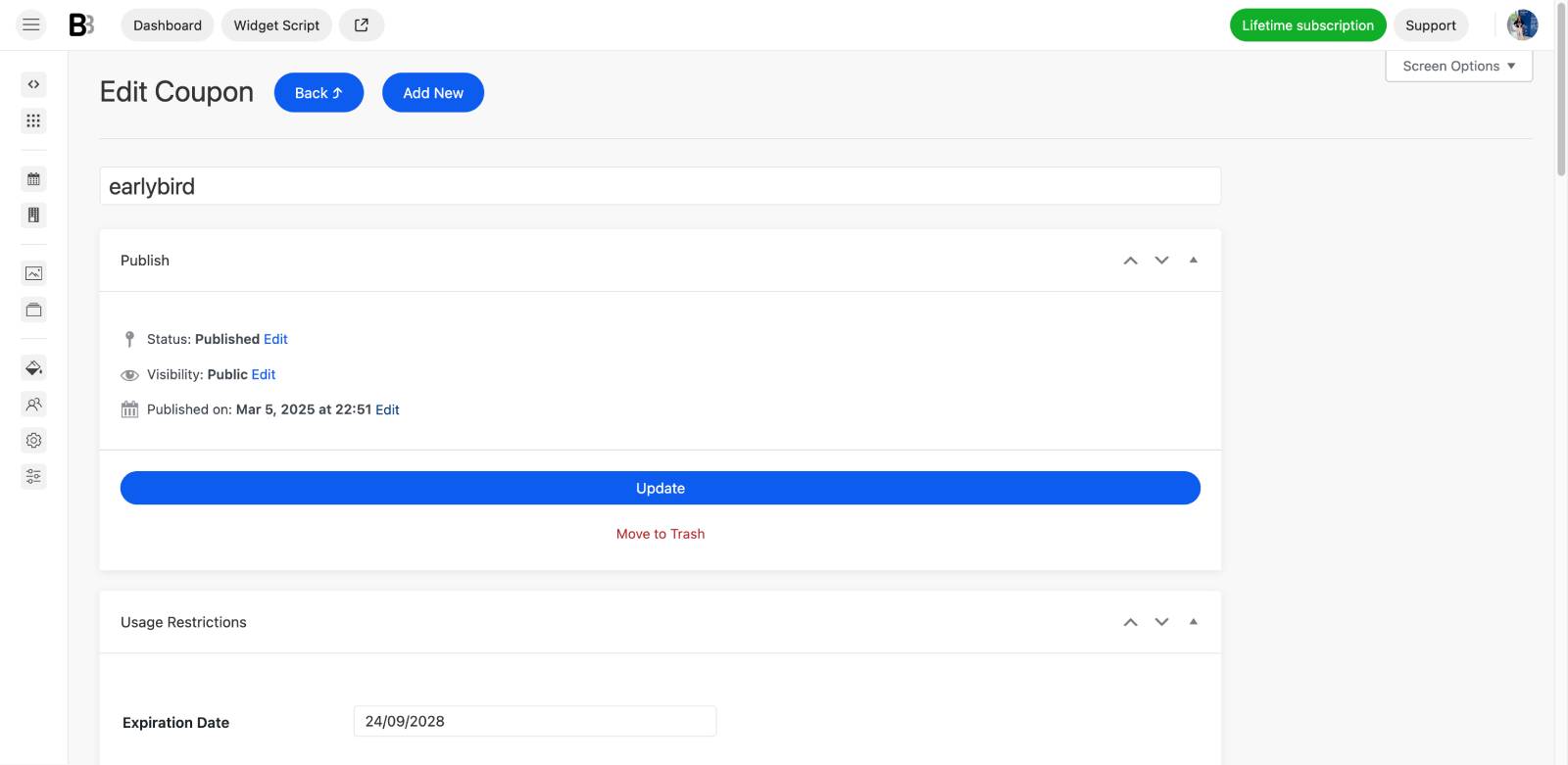 Discount coupon settings in BNBForms.