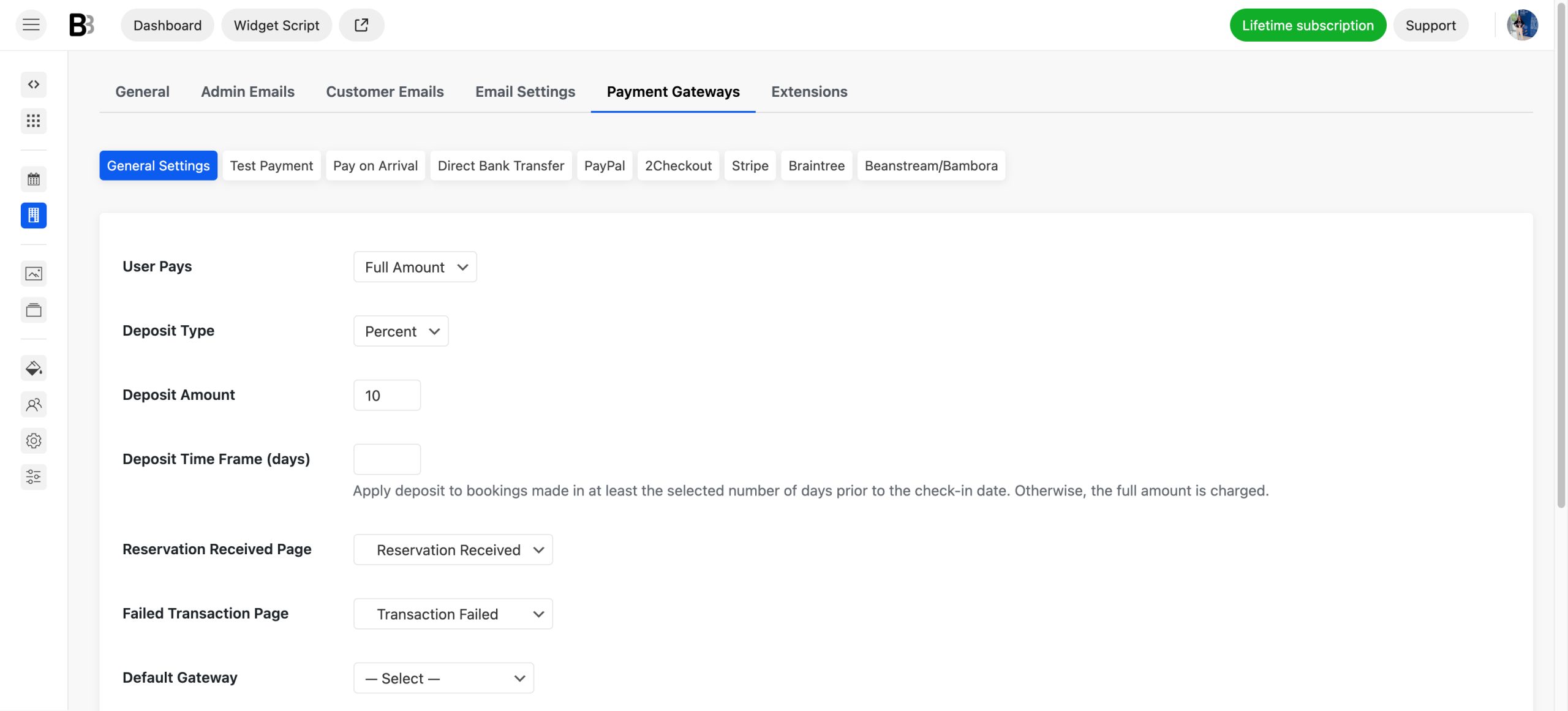 Payment gateways in BNBForms bed and breakfast booking software.