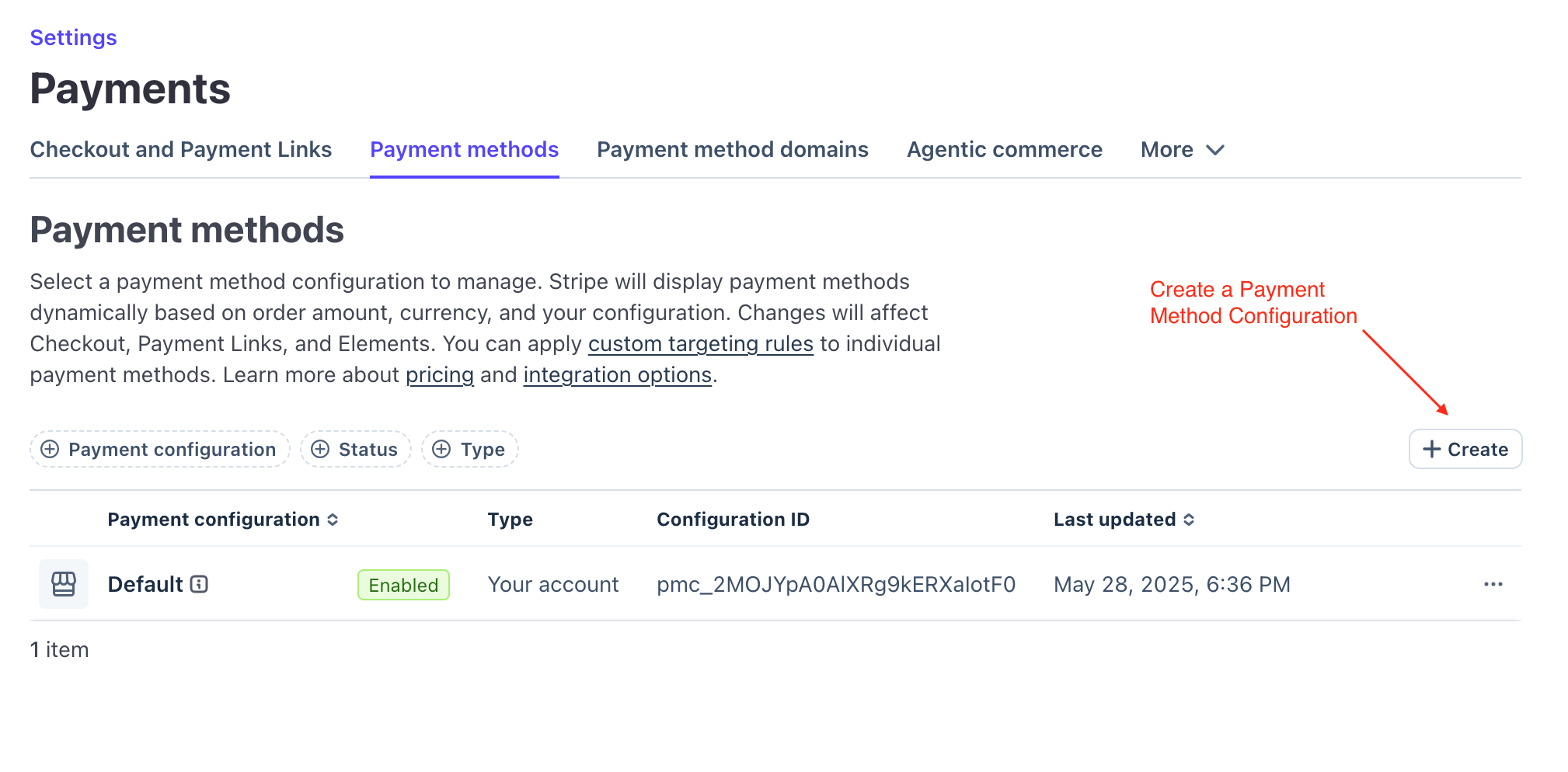 Create a Payment Method Configuration in your Stripe Dashboard