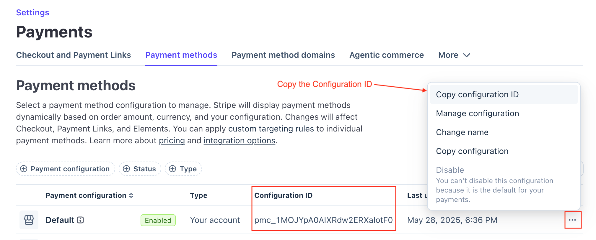 Copy the Configuration ID from Stripe