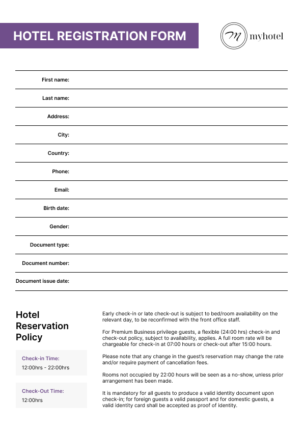 hotel registration card template 1