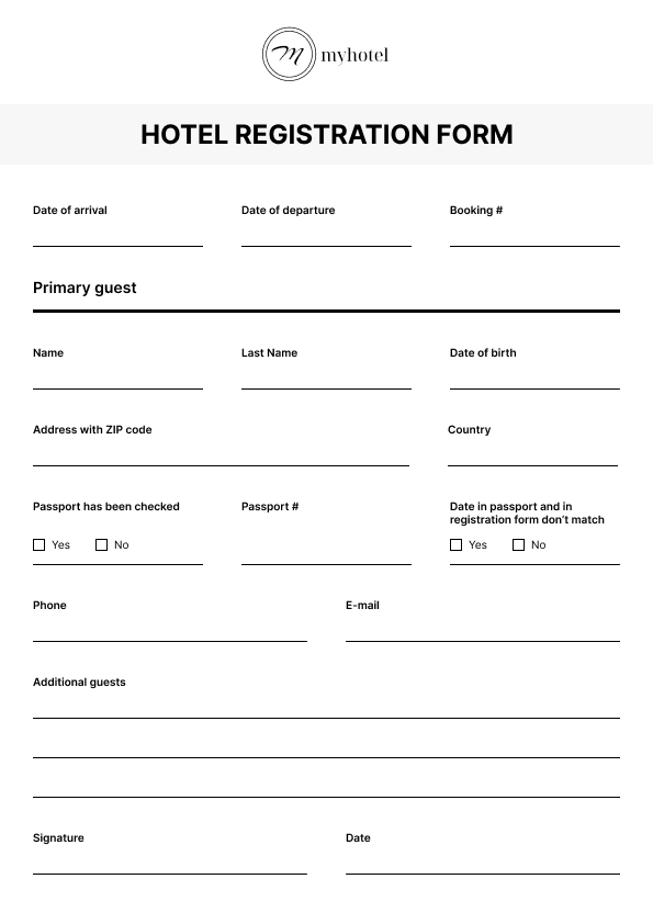 Hotel Reservation Cards & Check In Forms Printable Hotel Templates