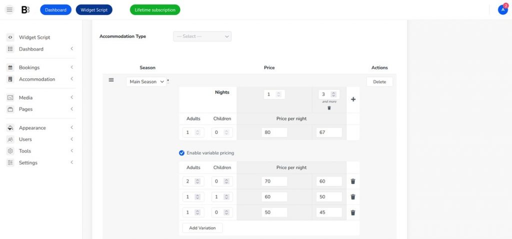 Pricing rates for properties in BNBForms account.