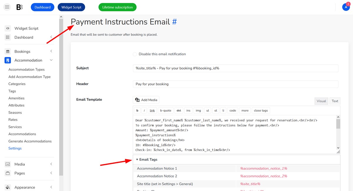 The payment instruction email for the direck bank transfer method.