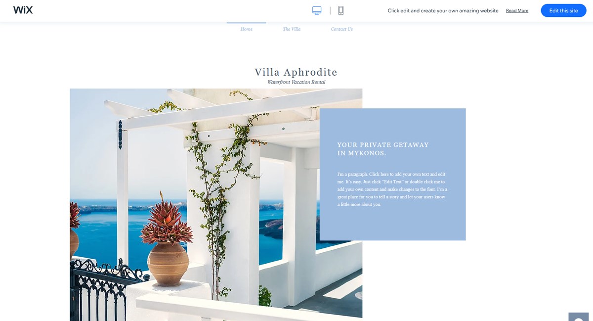 The Villa Aphrodie Wix hotel theme.