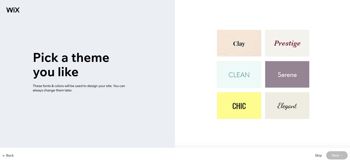 Color schemes and fonts in the Wix site builder.