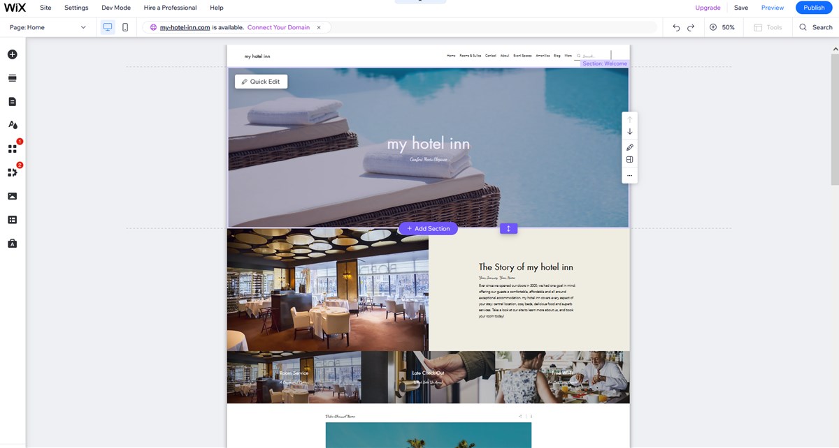 Wix Editor for a hotel site.