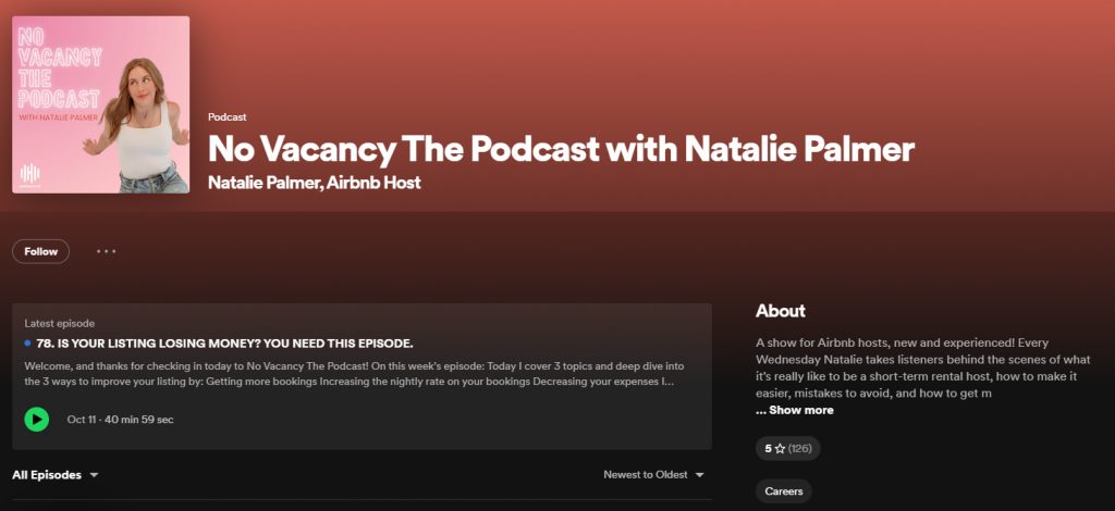 Impression of No Vacancy The Podcast with Natalie Palmer, a show for vacation rental business offering information about fitting STR into your lifestyle.
