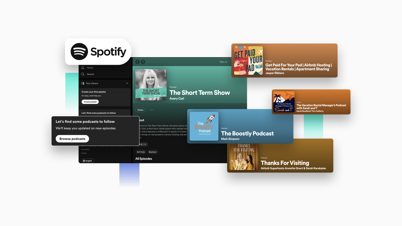 The featured image of the best short term rental podcasts on Spotify.