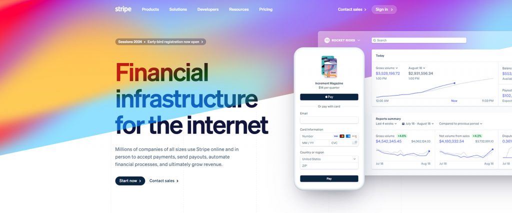 Picture of Stripe online payment gateway and its website.