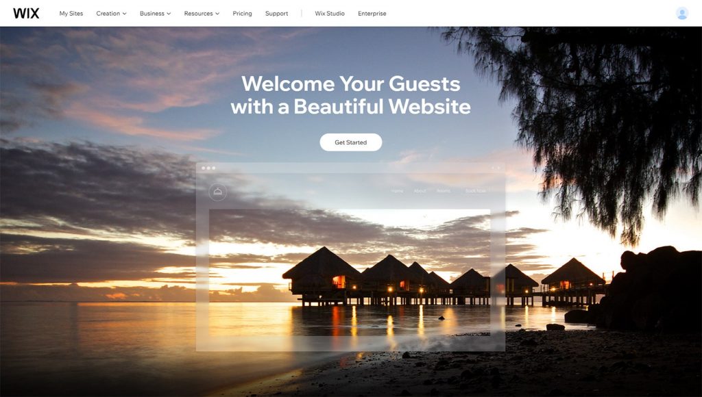 Photo of Wix Hotels landing page, explaining the main benefits of developing a website for your hotel.

