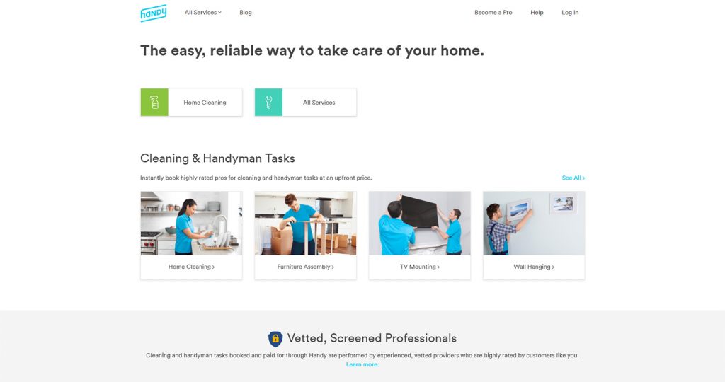 Portrait of Handy, one of the online apps providing short-term rental cleaning services with a variety of available service categories.