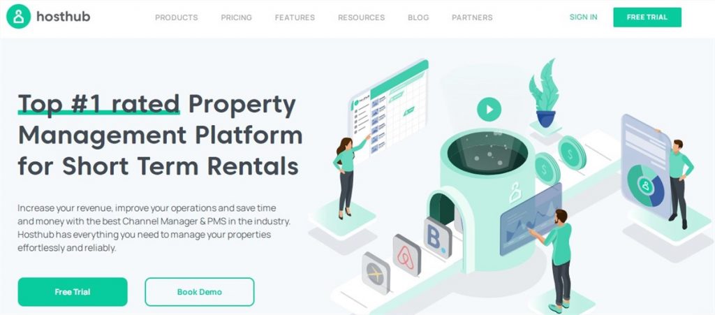 Screenshot of the HostHub property platform homepage.