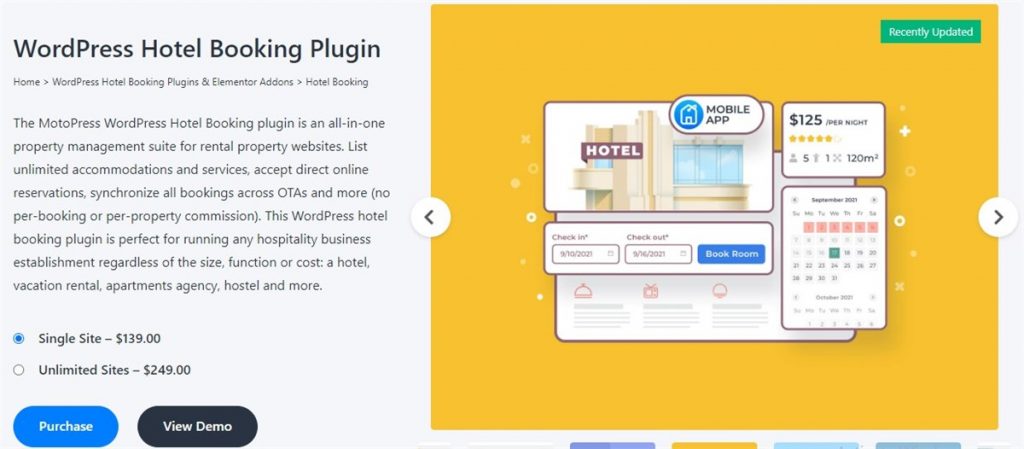 Screenshot of the MotoPress Hotel Booking plugin homepage.