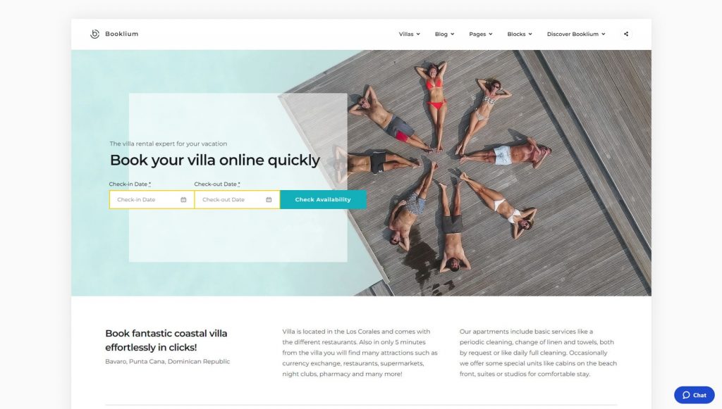 Photograph of Booklium, one of the best vacation rental website templates.