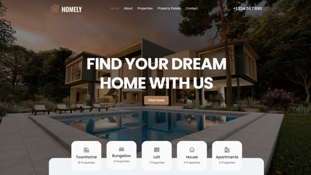 View of Homely, one of the best vacation rental website templates.