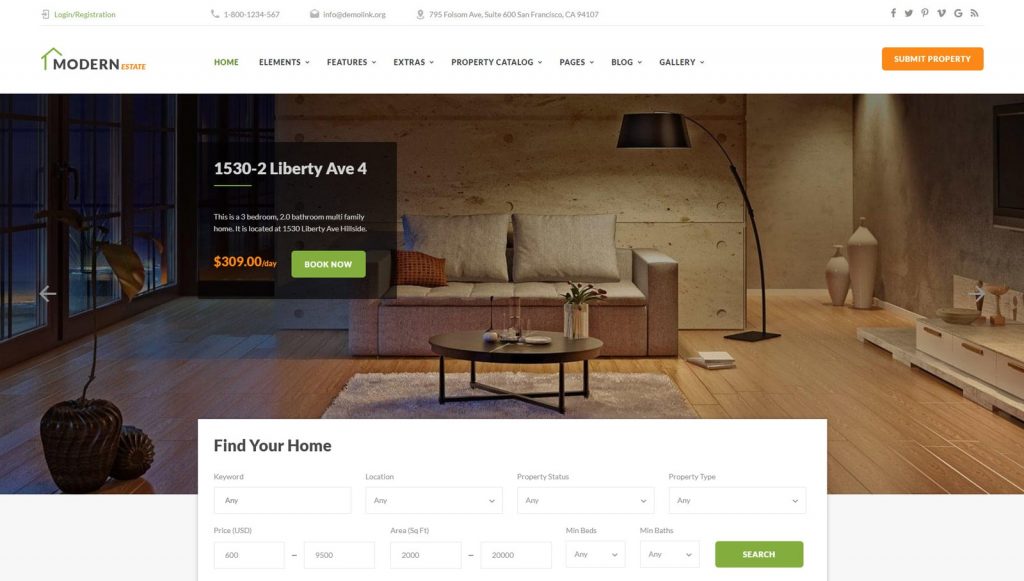 Image of RealHouse, one of the best vacation rental website templates.