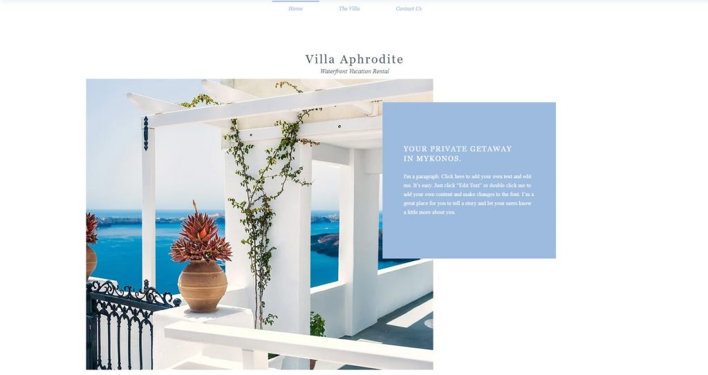 Photograph of Villa Aphrodite, a cross-browser compatible Wix website template for vacation rental businesses.