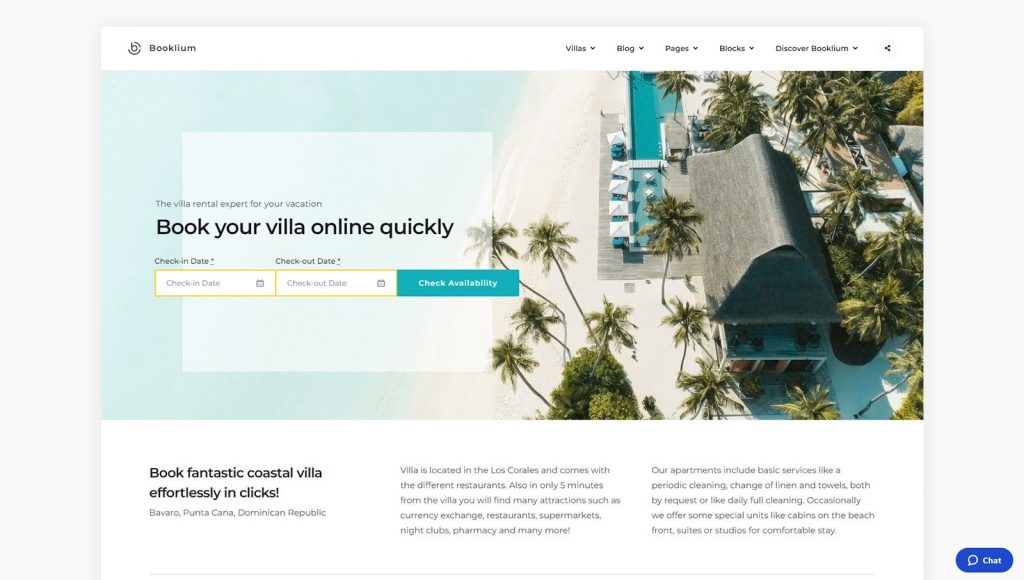 Visual of Booklium, a popular WordPress theme for vacation rentals.