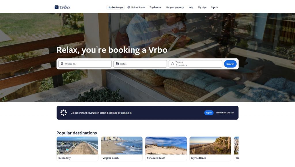 Snapshot of VRBO, an online platform for vacation rental bookings.