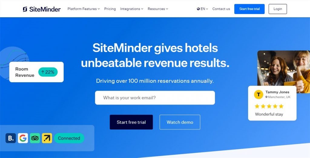 Screenshot of the SiteMinder small hotel reservation system software.