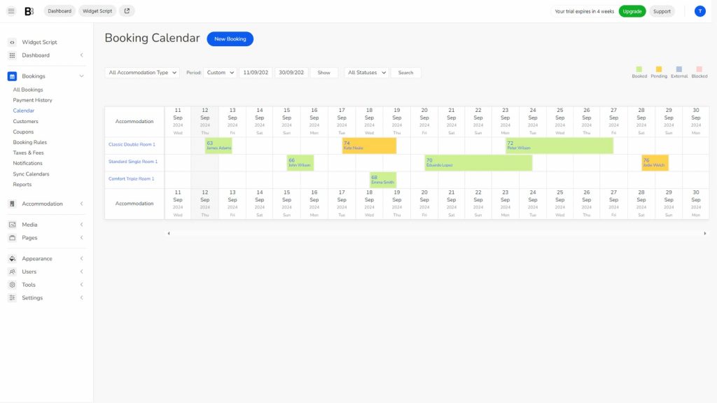 Representation of the booking calendar module of the BNBForms booking engine.