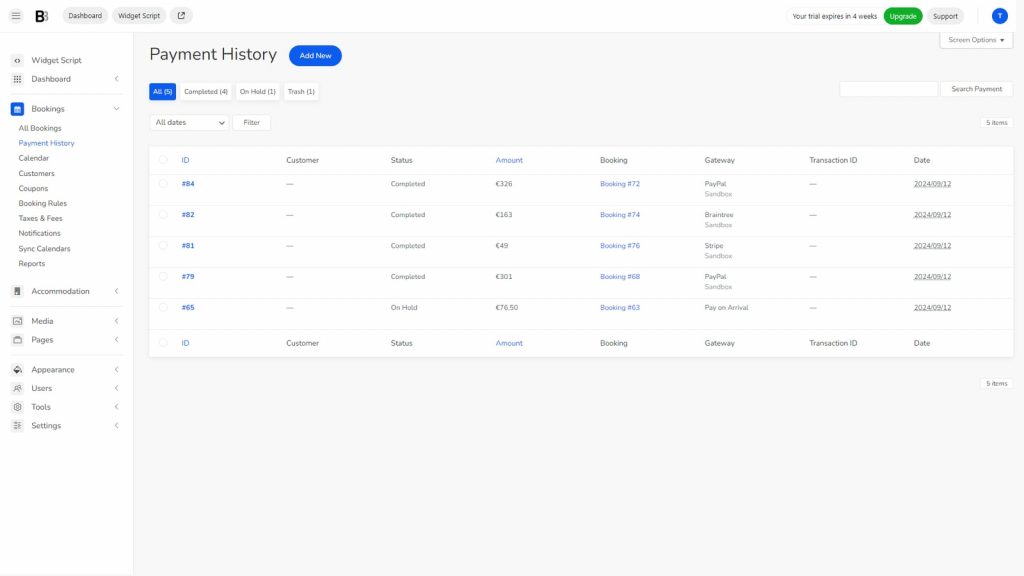 Graphic of payment history accessible via BNBForms.