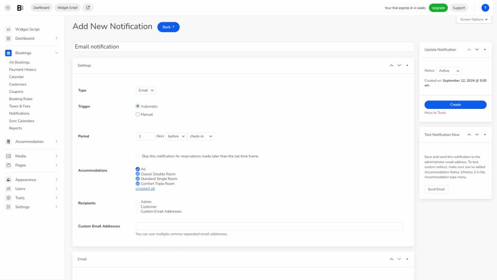 Visual of email notification settings available with the BNBForms booking engine.