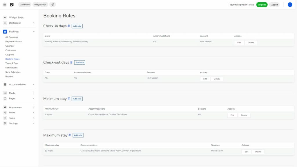 Image of booking rules options as a part of BNBForms booking engine dashboard.