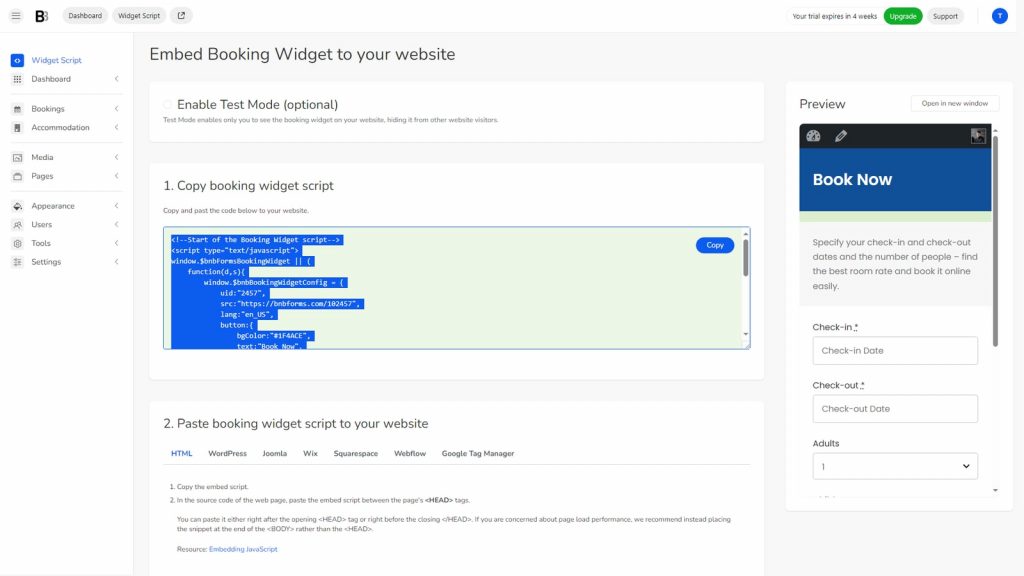 Figure of the booking widget code available as a part of the BNBForms booking engine.