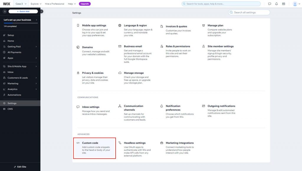 Snapshot of the custom code menu item in the Wix settings panel for the BNBForms booking engine integration.