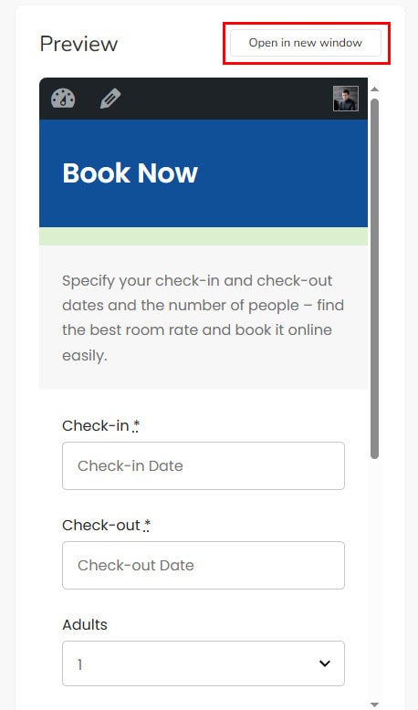 Picture of the preview panel and the button to open the booking form in a new window.