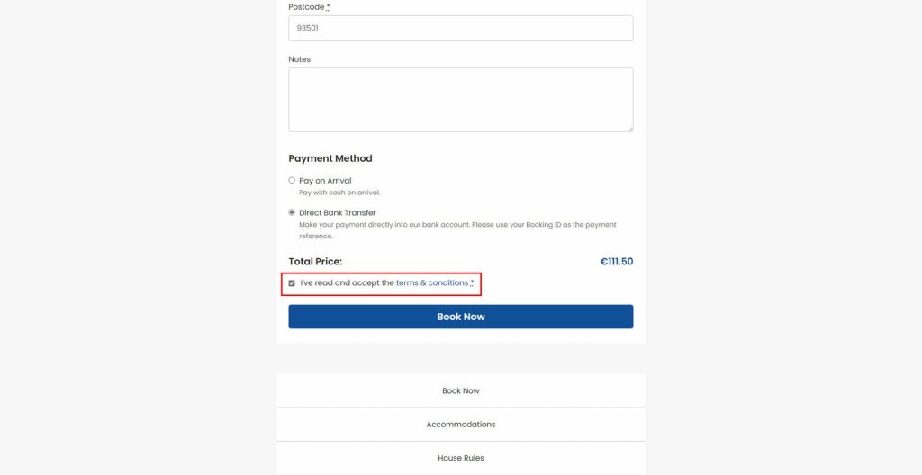 Representation of the terms & conditions checkbox available with the BNBForms booking engine.