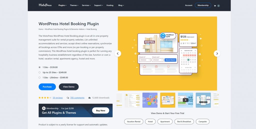 Graphic of Hotel Booking, a campground reservation software option with campground property presentation.