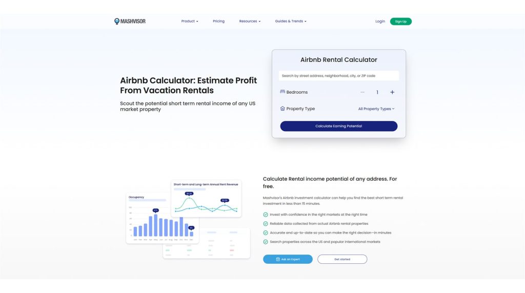 Representation of Mashvisor Airbnb Calculator, a calculator for STR businesses with a detailed and easy-to-use UI.