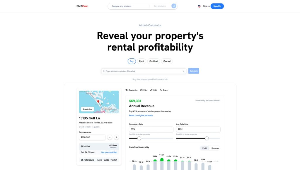 Visual of BNB Calc, a modern calculator for Airbnbs with estimated tax deductions.