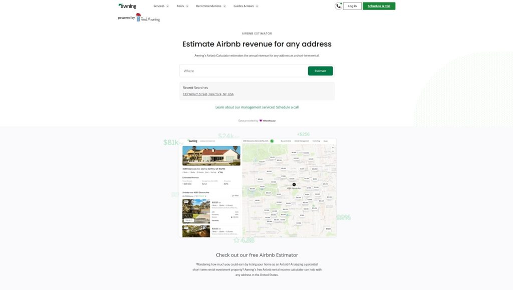 Image of Awning Airbnb Estimator, an assessing tool for Airbnb profitability with an interactive map.