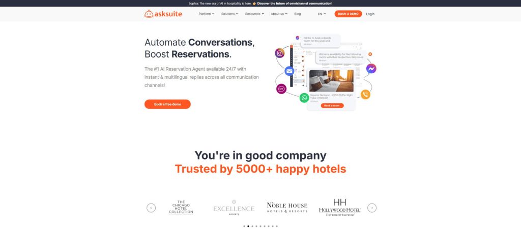 Graphic of Asksuite, a smart hotel communication assistant, with multilingual support.