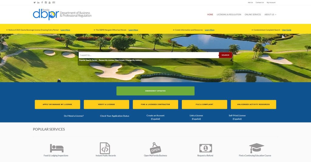 Photo of the Florida Department of Business & Professional Regulation website that acts according to Florida short-term rental laws.