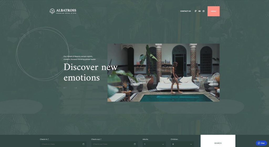 Graphic of Albatross, a free and flexible WordPress theme for hotels with 3 diverse Room page layouts.