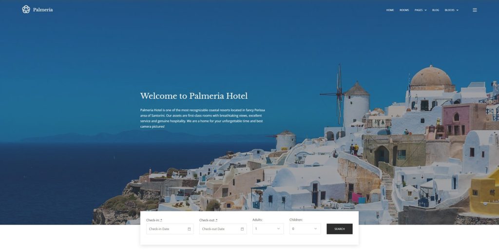 Photograph of Palmeria, one of the best hotel booking website templates with quick room search and booking.