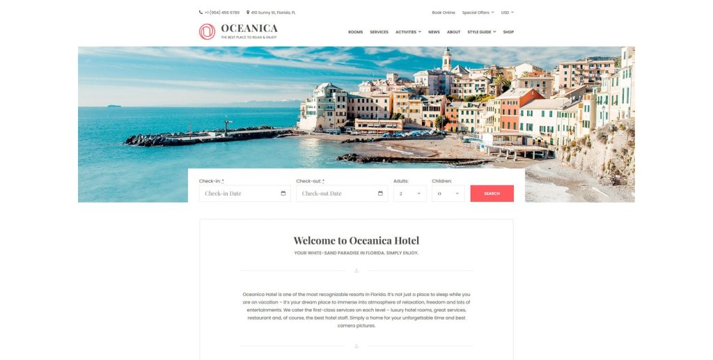 Graphic of Oceanica, one of the best hotel booking website templates with wide and boxed page layouts.