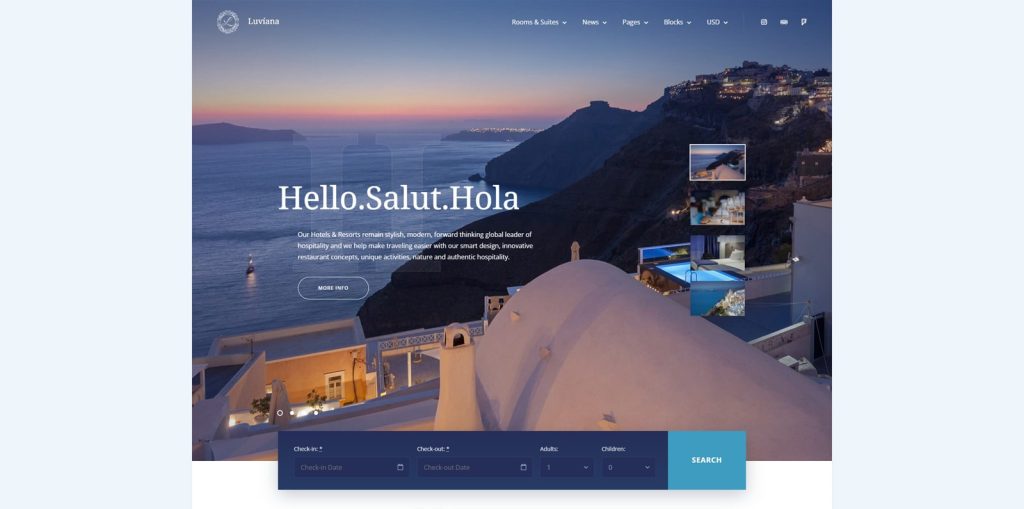 Visual of Luviana, a responsive and feature-rich WordPress theme for hotels with 2 news page designs.