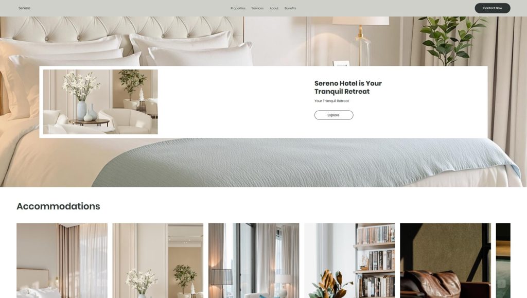 Illustration of Sereno, one of the best hotel booking website templates, with a sticky navigation menu.