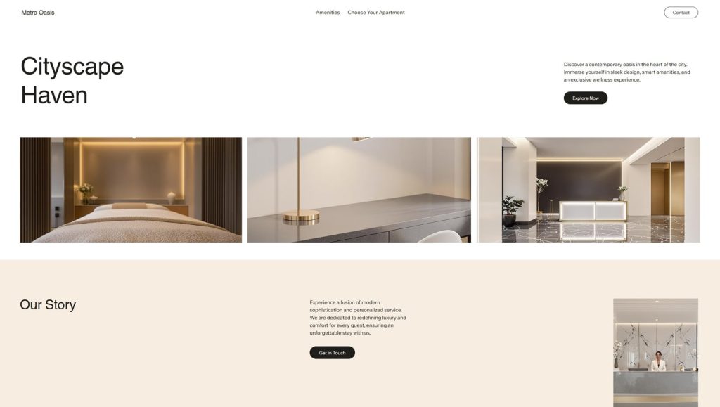Image of Metro Oasis, a cosy city hotel website template built for Wix with a spacious footer and sticky header.