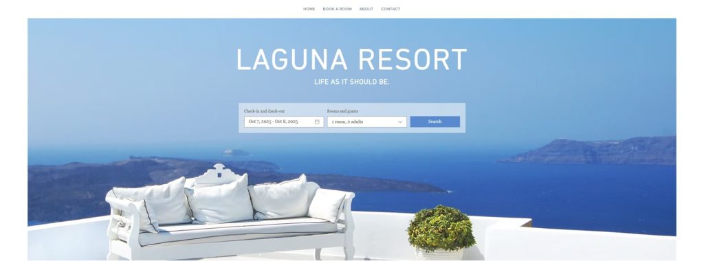 Portrait of Laguna Resort, one of the best hotel booking website templates, with a user-friendly accommodation search form.