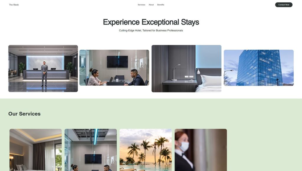 Figure of The Sleek, a business hotel template suited for Wix Builder with Testimonials & Services content sections.